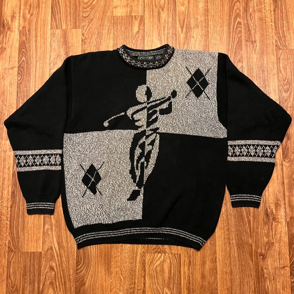 Vintage 90s Linksport Golfer Argyle Sweater Men M Black Grey Cotton Knit